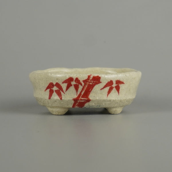 盆栽鉢 文山 越前文山 小鉢 長辺 約 6.5cm 楕円鉢 赤絵 竹 笹 花 はな ハナ 鑑賞 観賞用  新品 n1209385145