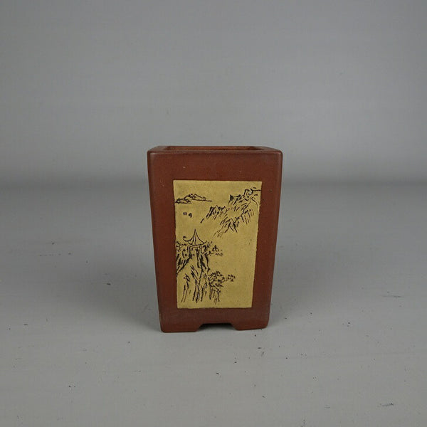 中古盆栽鉢 落款なし 小鉢 高さ 約 7.7cm 正方鉢 釘彫 風景 文字 泥鉢 中国鉢 鑑賞 観賞用  中古鉢 m1209385036