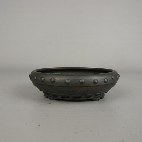 中古盆栽鉢 落款なし 小型 長辺 約 11.5cm 丸鉢 鋲打 雲足 中国鉢  中古鉢 p1209397132