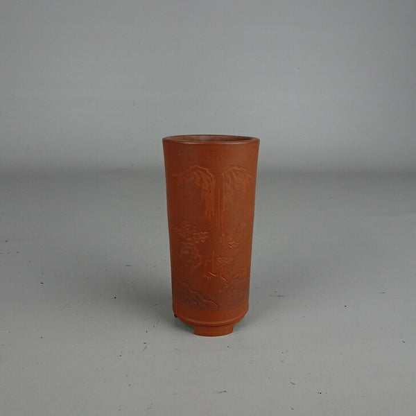 中古盆栽鉢 落款なし 小鉢 高さ 約 9.9cm 丸鉢 彫絵 泥鉢 中国鉢  中古鉢 e1209387131