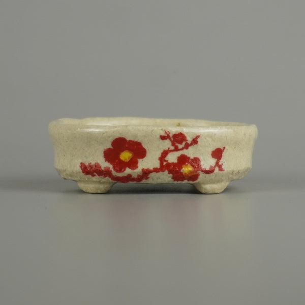 盆栽鉢 文山 越前文山 小鉢 長辺 約 6.6cm 楕円鉢 赤絵 竹 笹 花 はな ハナ 鑑賞 観賞用  新品 l1209390583