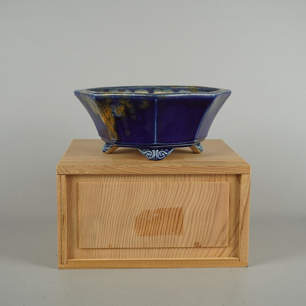 中古盆栽鉢 忍庵 忍造 小型 長辺 約 17cm 八角鉢 雲足 釉薬 箱付 鑑賞 観賞用  中古鉢 p1209397676