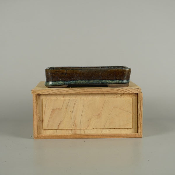 中古盆栽鉢 落款なし 小型 長辺 約 14.8cm 長方鉢 ナマコ 釉薬 箱付 鑑賞 観賞用  中古鉢 p1209395786