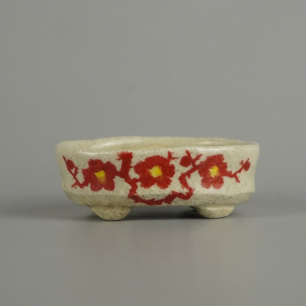 盆栽鉢 文山 越前文山 小鉢 長辺 約 6.4cm 楕円鉢 赤絵 竹 笹 花 はな ハナ 鑑賞 観賞用  新品 k1209394461