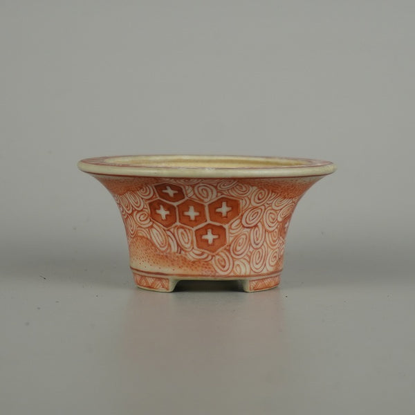 中古盆栽鉢 落款なし 小型 長辺 約 10cm 丸鉢 外縁 赤絵 模様 鑑賞 観賞用  中古鉢 1212035143