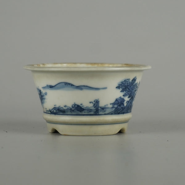 中古盆栽鉢 たる源好 小鉢 長辺 約 7.5cm 丸鉢 外縁 下帯 人物 山水図 鑑賞 観賞用  中古鉢 f1212041407