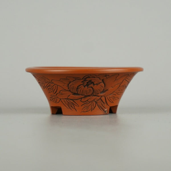 中古盆栽鉢 常滑 落款あり 小鉢 長辺 約 9cm 丸鉢 彫入 花 はな ハナ 泥物  中古鉢 p1212036028