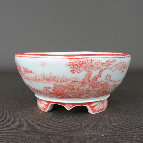 盆栽鉢 梢風 赤絵山水図 丸鉢 l1198413112