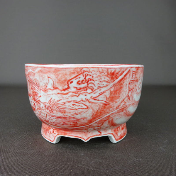 盆栽鉢 梢風 赤絵 龍 染付図 丸鉢 j1198411980