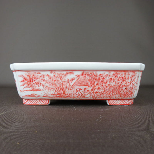 盆栽鉢 高山画 ゆうき祥石ボデー 赤絵山水図 長方鉢