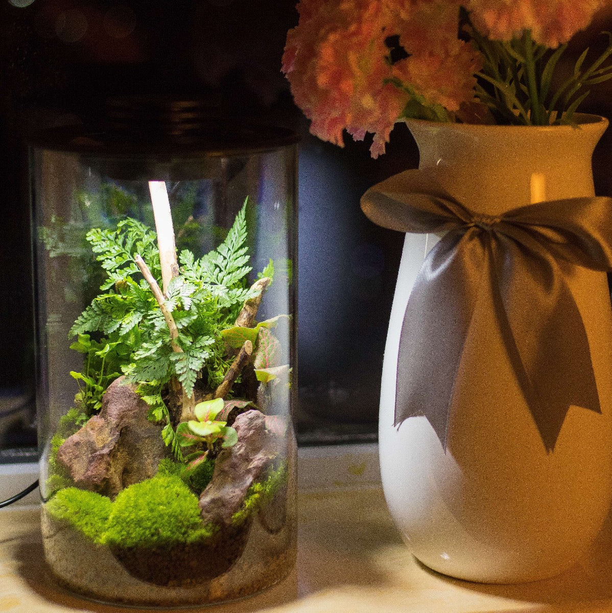 Cylindrical Micro Landscape Terrarium with LED Grow Light